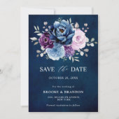 Dusty Blue Paars Navy Lila Blooms Weddenschap Save Save The Date (Voorkant)
