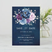 Dusty Blue Paars Navy Lila Blooms Weddenschap Save Save The Date (Staand voorkant)