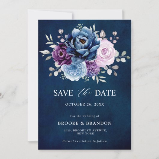 Dusty Blue Paars Navy Lila Blooms Weddenschap Save The Date (Voorkant)