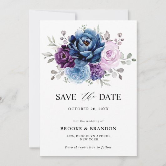 Dusty Blue Paars Navy Lila Blooms Weddenschap Save The Date (Voorkant)
