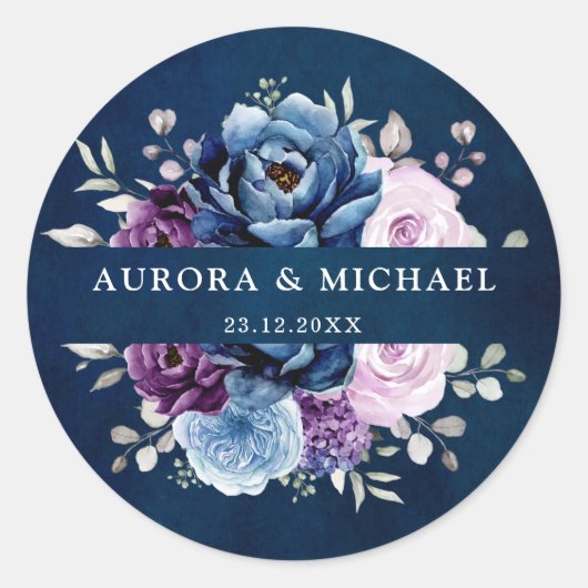 Dusty Blue Paars Navy Lila Blooms Wedding Classi Ronde Sticker (Voorkant)