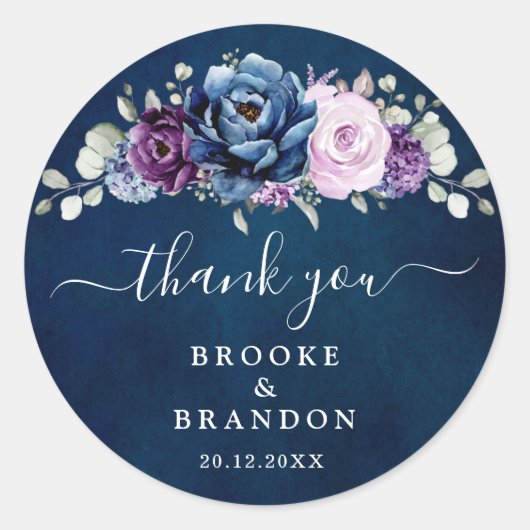 Dusty Blue Paars Navy Lila Blooms Wedding Classi Ronde Sticker (Voorkant)