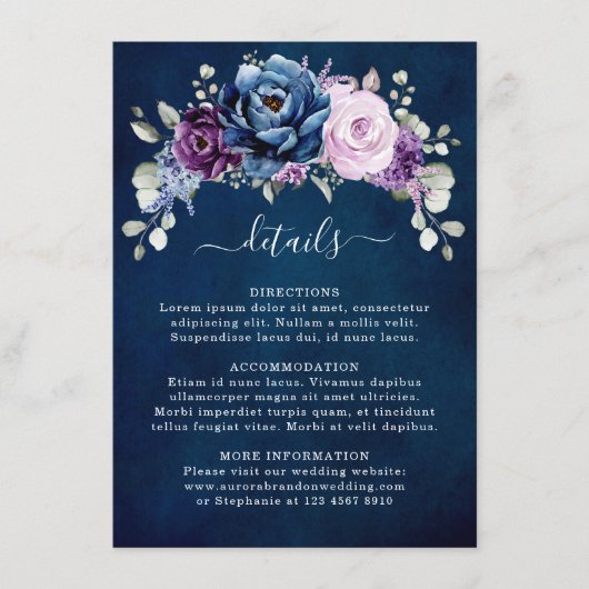 Dusty Blue Paars Navy Lila Blooms Wedding Detail Informatiekaartje (Voorkant)