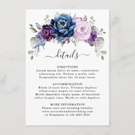 Dusty Blue Paars Navy Lila Blooms Wedding Detail Informatiekaartje (Voorkant)