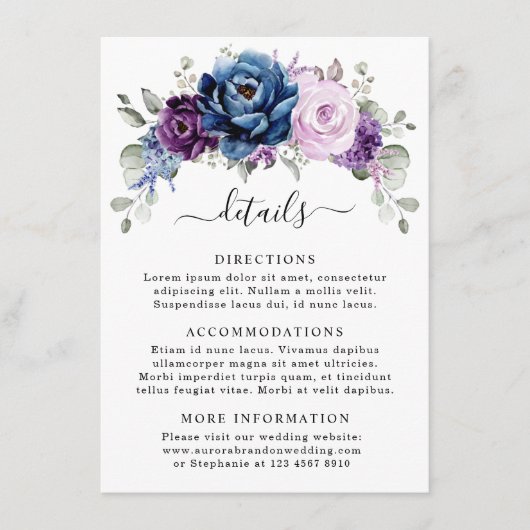 Dusty Blue Paars Navy Lila Blooms Wedding Detail Informatiekaartje (Voorkant)