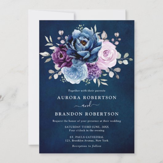 Dusty Blue Paars Navy Lila Blooms Wedding Elegan Kaart (Voorkant)