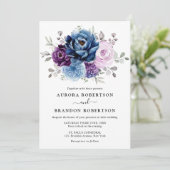 Dusty Blue Paars Navy Lila Blooms Wedding Elegan Kaart (Staand voorkant)