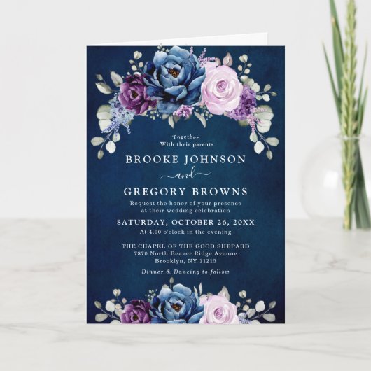 Dusty Blue Paars Navy Lila Blooms Wedding Invita (Voorkant)