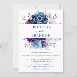 Dusty Blue Paars Navy Lila Blooms Wedding Invita Kaart