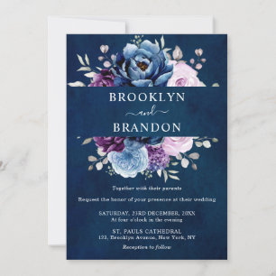 Dusty Blue Paars Navy Lila Blooms Wedding Invita Kaart