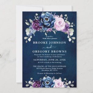 Dusty Blue Paars Navy Lila Blooms Wedding Invita Kaart