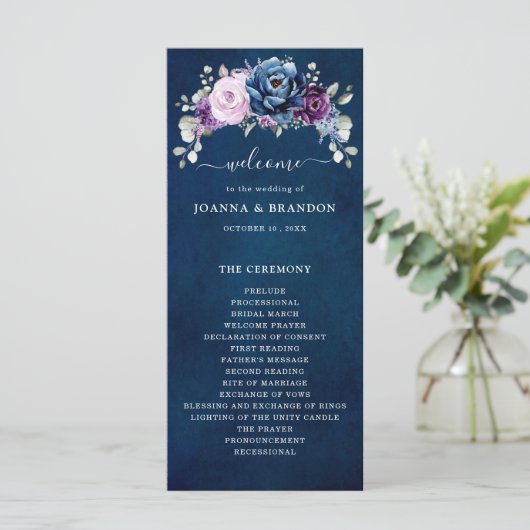 Dusty Blue Paars Navy Lila Blooms Wedding Progra Programmakaart (Staand voorkant)