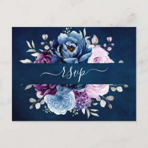 Dusty Blue Paars Navy Lila Blooms Wedding RSVP Briefkaart