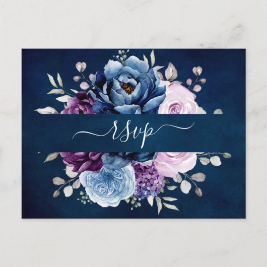 Dusty Blue Paars Navy Lila Blooms Wedding RSVP Briefkaart (Voorkant)