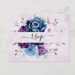 Dusty Blue Paars Navy Lila Blooms Wedding RSVP Briefkaart