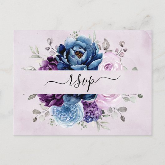Dusty Blue Paars Navy Lila Blooms Wedding RSVP Briefkaart (Voorkant)