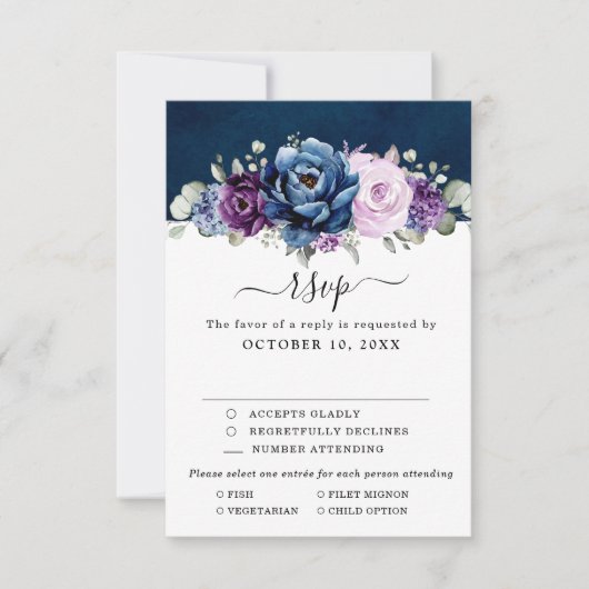 Dusty Blue Paars Navy Lila Blooms Wedding RSVP C (Voorkant)