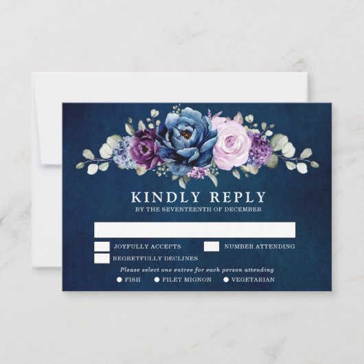 Dusty Blue Paars Navy Lila Blooms Wedding RSVP C (Voorkant)
