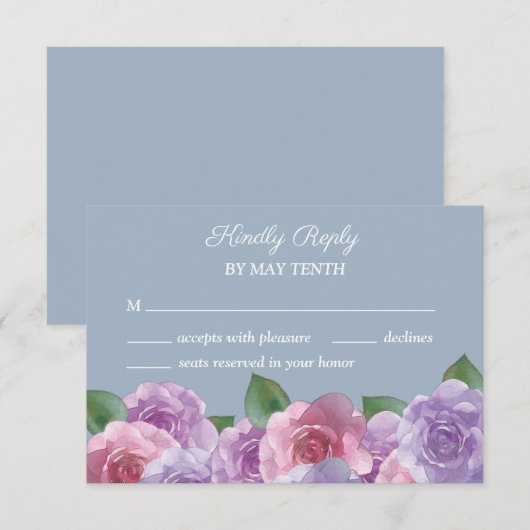 Dusty Blue Paars Pink Floral Wedding RSVP Kaart (Voorkant / Achterkant)