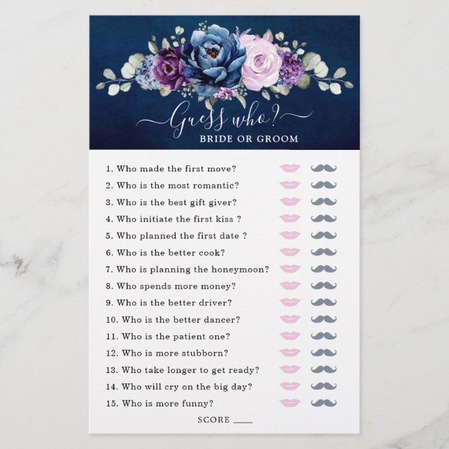 Dusty Blue Paars Vrijgezellenfeest Game Raad eens  (Voorkant)