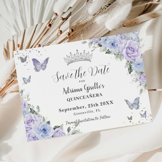 Dusty Blue Paarse Floral Silver Quinceañera 16e Save The Date