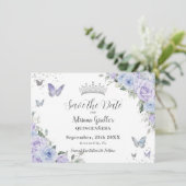 Dusty Blue Paarse Floral Silver Quinceañera 16e Save The Date (Staand voorkant)