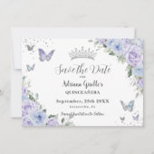 Dusty Blue Paarse Floral Silver Quinceañera 16e Save The Date (Voorkant)