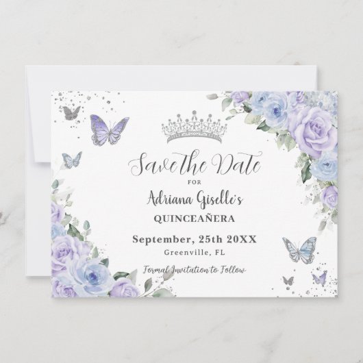 Dusty Blue Paarse Floral Silver Quinceañera 16e Save The Date (Voorkant)