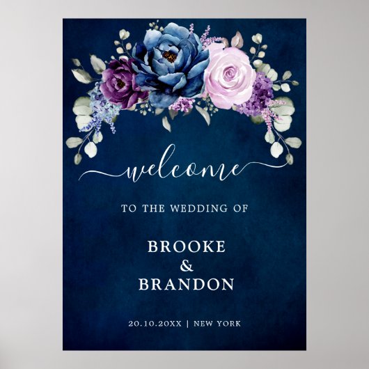 Dusty Blue Paarse Lila Blooms Weddenschap Welkomst Poster (Voorkant)