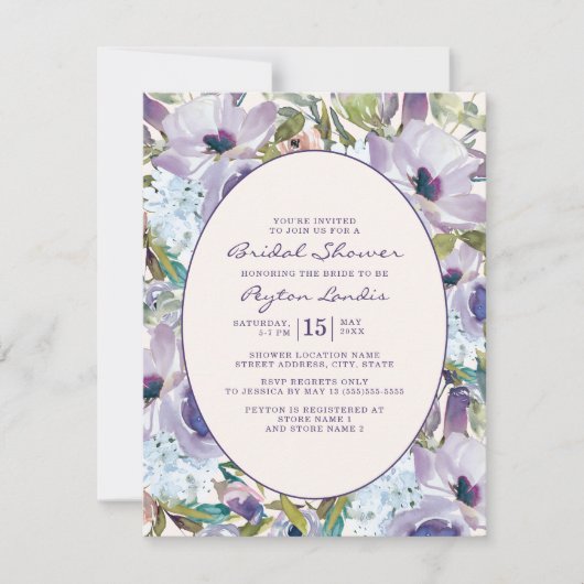 Dusty Blue Paarse Waterverf Floral Bridal Kaart (Voorkant)