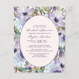 Dusty Blue Paarse Waterverf Floral Bridal Kaart