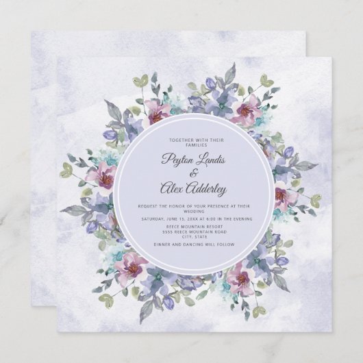 Dusty Blue Paarse Waterverf Floral Wedding Kaart (Voorkant / Achterkant)
