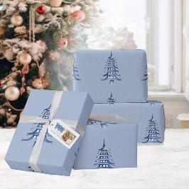 Dusty Blue Pagoda Kerstboom Patroon Wrapping Cadeaupapier