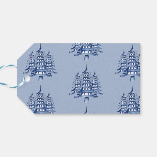 Dusty Blue Pagoda Merry Christmas Tree 1-Foto Gif Cadeaulabel (Achterkant Horizontaal)