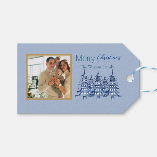 Dusty Blue Pagoda Merry Christmas Tree 1-Foto Gif Cadeaulabel (Voorkant (Horizontaal))