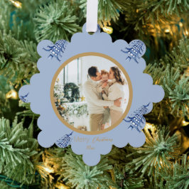 Dusty Blue Pagoda Merry Christmas Tree 2-Foto Ornament Kaart