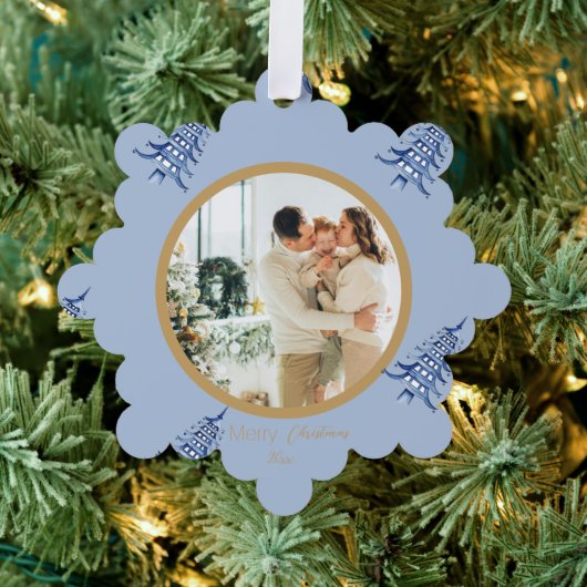 Dusty Blue Pagoda Merry Christmas Tree 2-Foto Ornament Kaart (Insitu (Drie))