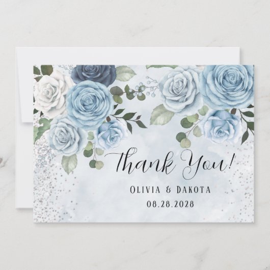 Dusty Blue Painted Floral Weddenschap Dank je kaar Kaart (Voorkant)