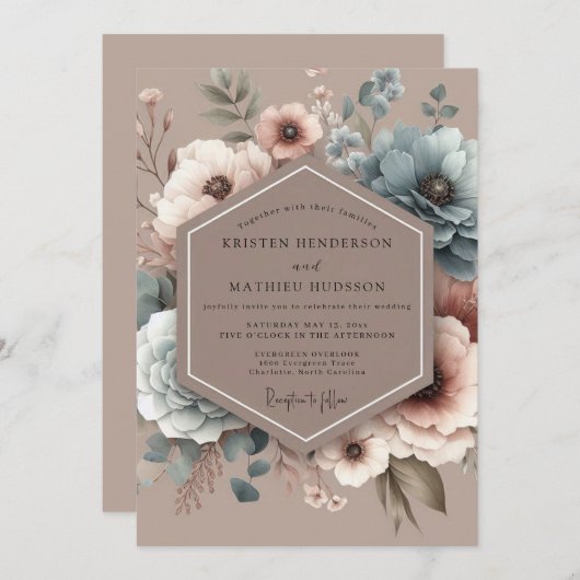 Dusty Blue Painterly Bloom Wedding Kaart (Voorkant / Achterkant)