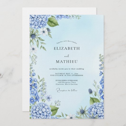 Dusty Blue Painterly Botanical Wedding Kaart (Voorkant / Achterkant)