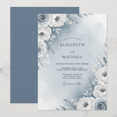 Dusty Blue Painterly Flora Wedding Kaart (Voorkant / Achterkant)