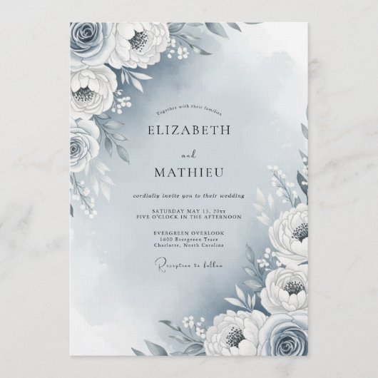 Dusty Blue Painterly Flora Wedding Kaart (Voorkant)