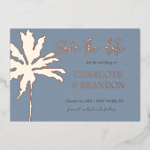 Dusty Blue Palm Beach Weddenschap Save the Date Folie Uitnodiging (Voorkant)
