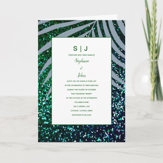 Dusty Blue Palm Leaves Green Glitter Wedding (Voorkant)