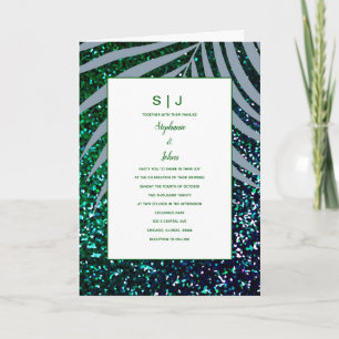 Dusty Blue Palm Leaves Green Glitter Wedding