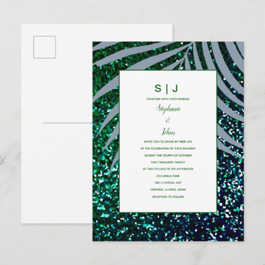 Dusty Blue Palm Leaves Green Glitter Wedding Uitnodiging Briefkaart (Voorkant / Achterkant)