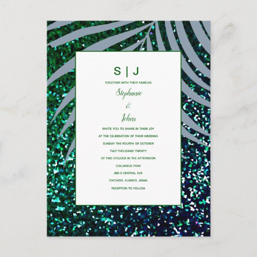 Dusty Blue Palm Leaves Green Glitter Wedding Uitnodiging Briefkaart (Voorkant)