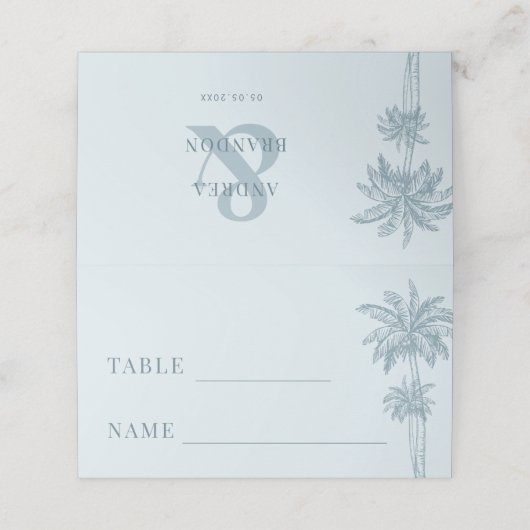 Dusty Blue Palm Tree Boho Beach Trouwtafel Plaatskaartje (Buitenkant ongevouwen)