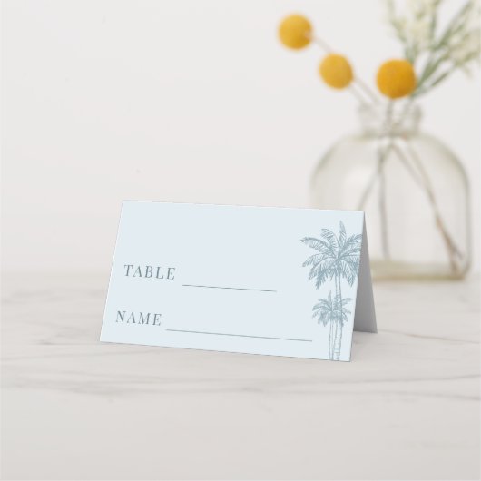 Dusty Blue Palm Tree Boho Beach Trouwtafel Plaatskaartje (Voorkant)