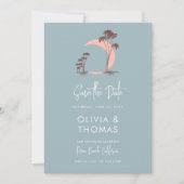 Dusty Blue Palm Trees Moon Modern Beach Wedding Save The Date (Voorkant)